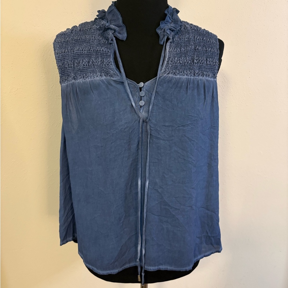 Free People Blue Smocked Boho Blouse Size Large Flowy Peasant Top